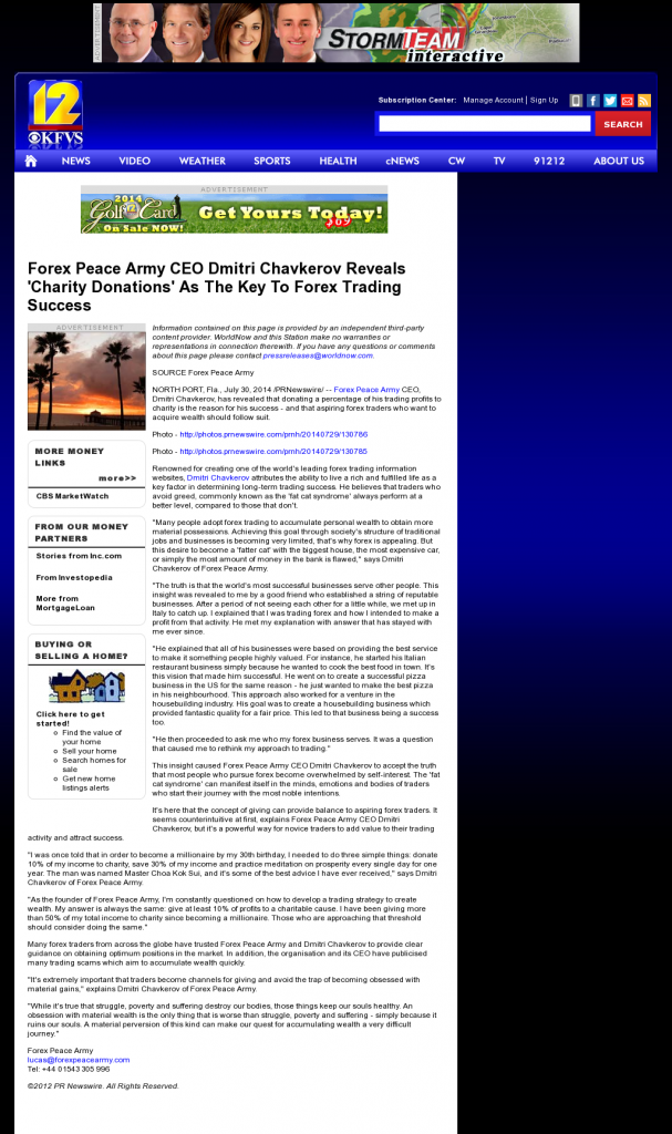Forex Peace Army - KFVS CBS-12 (Cape Girardeau, MO) - Charitable Donations Provide Successful Forex Trades